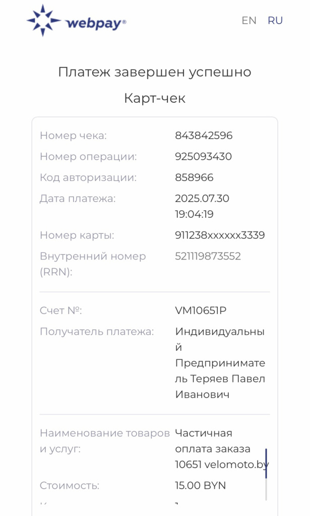 Пример чека после оплаты счёта